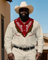 Western Cowboy Style Red Floral Printed Big Men's Long Sleeve Shirt Pants Set